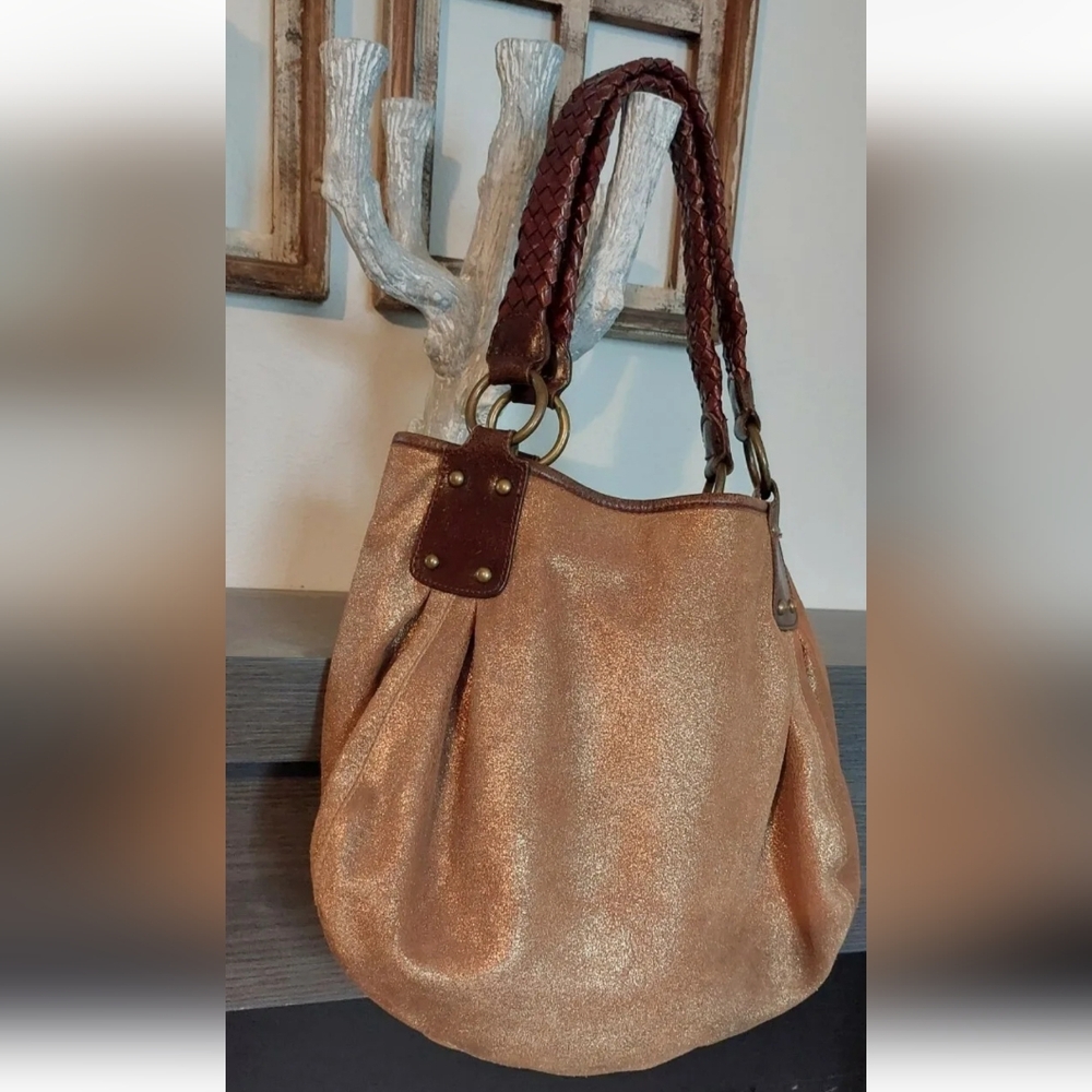 TANO Women's Gold shimmer Hobo Slouch Bucket Shoulder Bag Purse Woven Straps